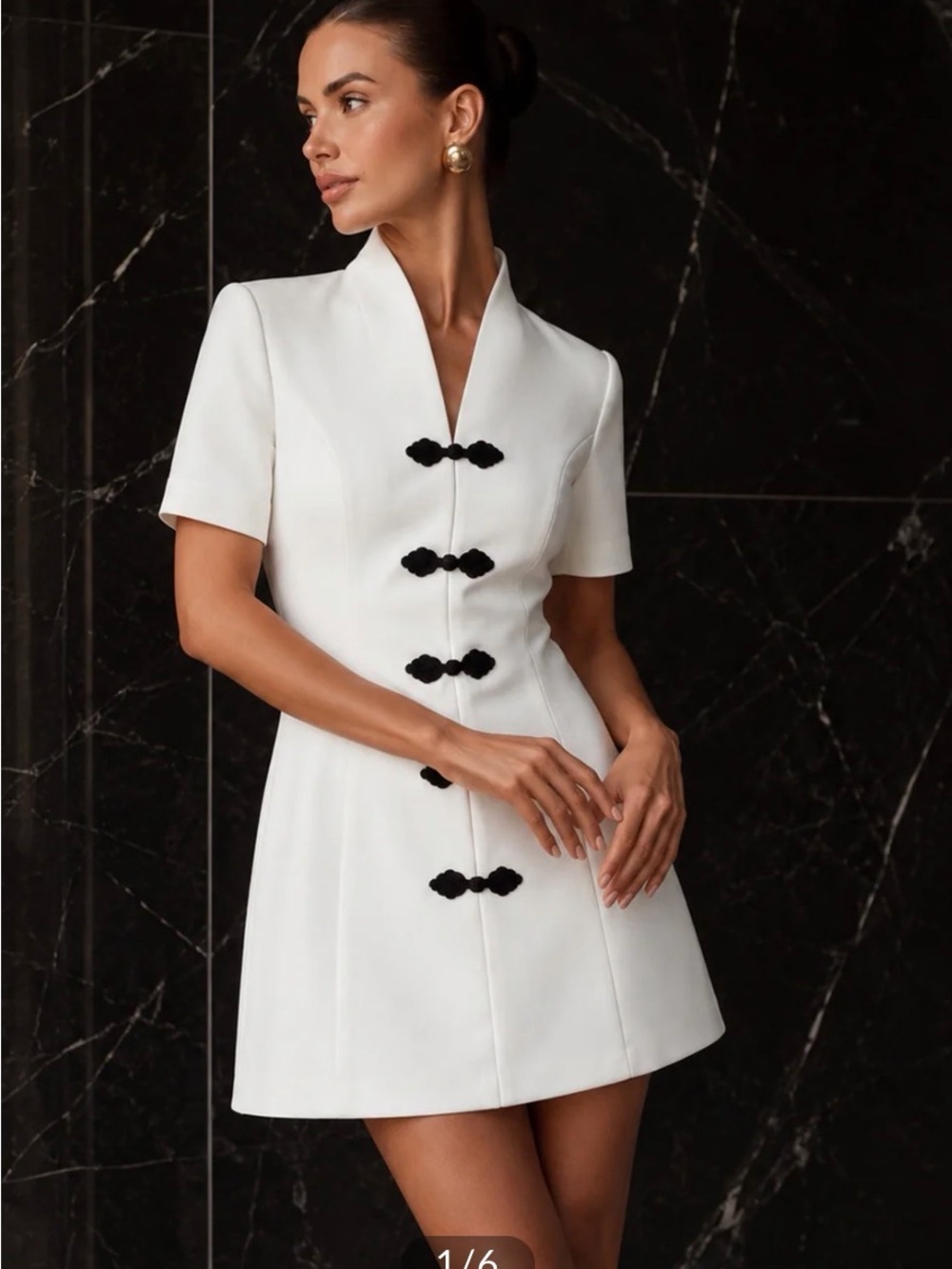 Commense Frog Button V Neck Mini Dress